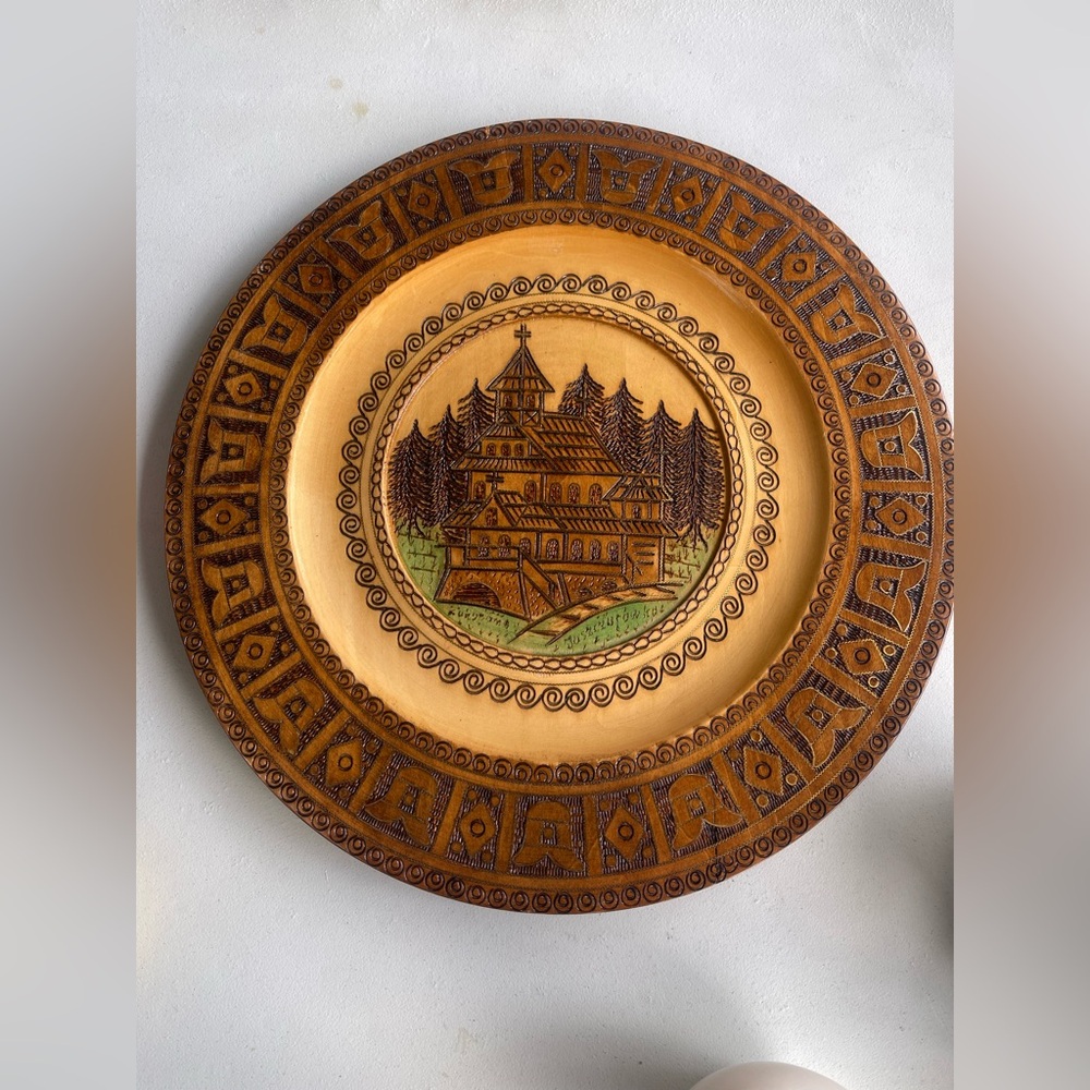 Vintage 16” Polish Hand-Carved Wooden Decorative Plate Church -Zakopane- Poland